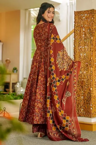 Maroon digital printed muslin anarkali palazzo set with dupatta