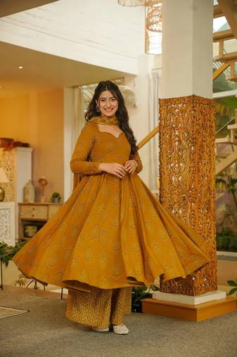 Mustard digital printed muslin anarkali palazzo set with dupatta