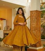 Mustard digital printed muslin anarkali palazzo set with dupatta