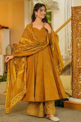 Mustard digital printed muslin anarkali palazzo set with dupatta