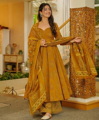 Mustard digital printed muslin anarkali palazzo set with dupatta 3