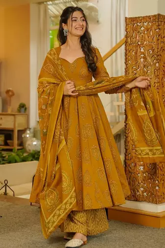 Mustard digital printed muslin anarkali palazzo set with dupatta