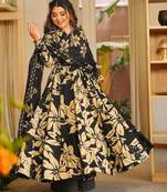 Black digital printed muslin anarkali palazzo set with dupatta