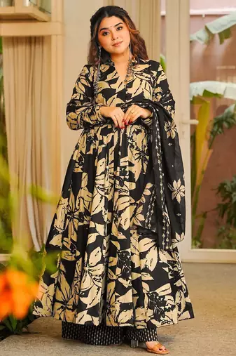 Black digital printed muslin anarkali palazzo set with dupatta