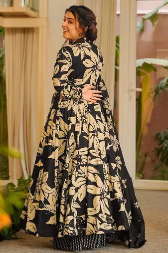 Black digital printed muslin anarkali palazzo set with dupatta