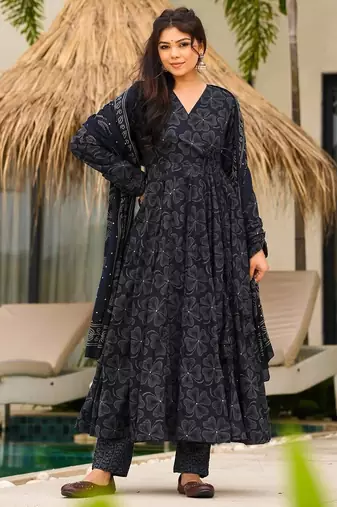Black digital printed muslin anarkali gown set with dupatta