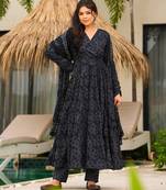 Black digital printed muslin anarkali gown set with dupatta