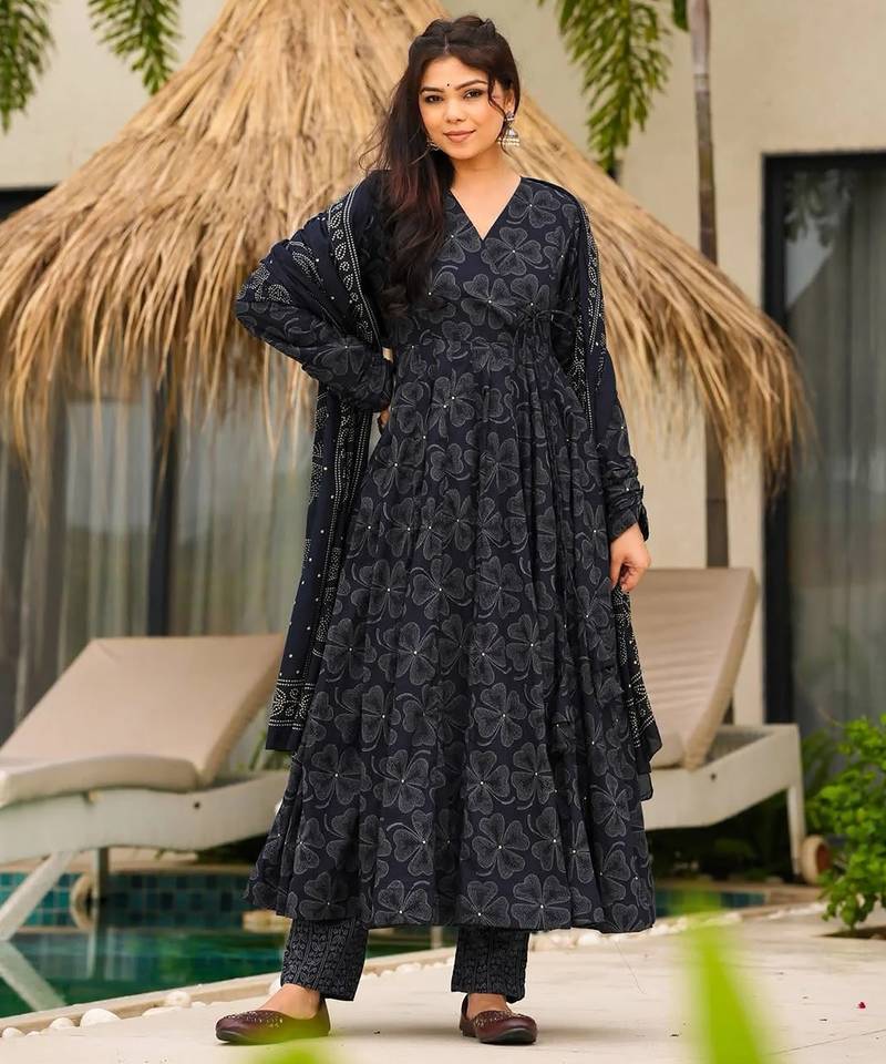 Black digital printed muslin anarkali gown set with dupatta