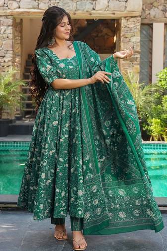 Teal green digital printed muslin anarkali gown set with dupatta