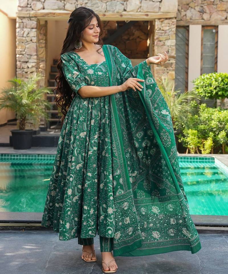 Teal green digital printed muslin anarkali gown set with dupatta