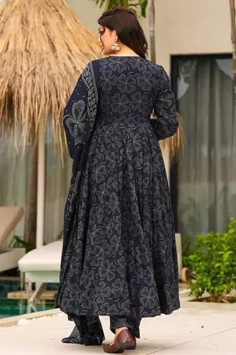 Black digital printed muslin anarkali gown set with dupatta