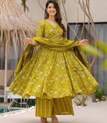 Green digital printed muslin anarkali palazzo set with dupatta
