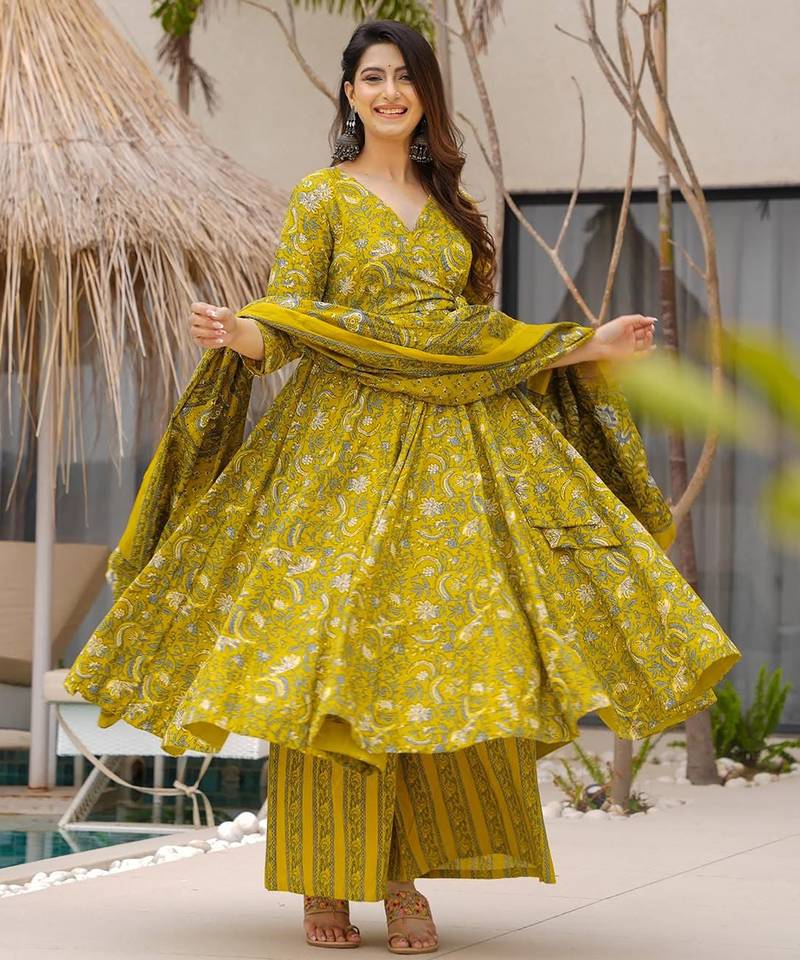 Green digital printed muslin anarkali palazzo set with dupatta