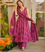 Magenta digital printed muslin anarkali palazzo set with dupatta