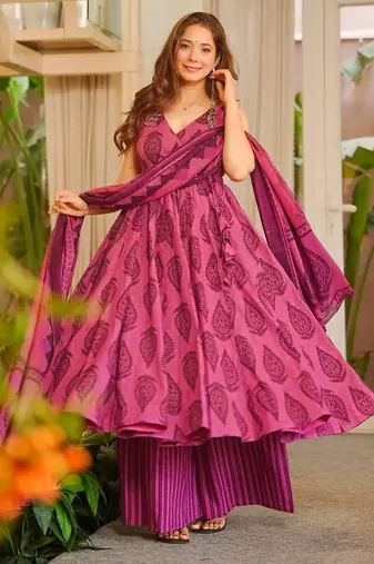 Magenta digital printed muslin anarkali palazzo set with dupatta