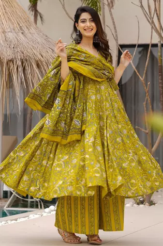 Green digital printed muslin anarkali palazzo set with dupatta