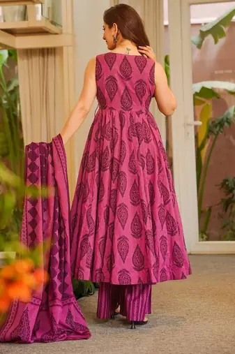 Magenta digital printed muslin anarkali palazzo set with dupatta