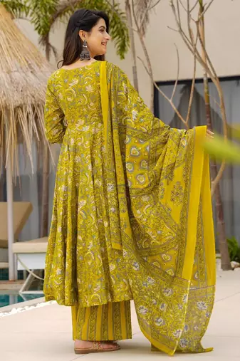 Green digital printed muslin anarkali palazzo set with dupatta