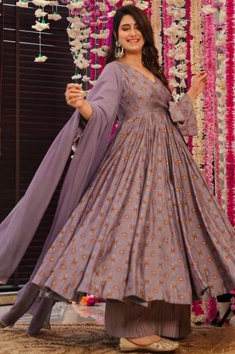 Purple digital printed muslin anarkali palazzo set with dupatta