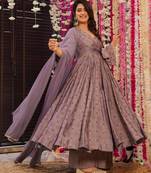 Purple digital printed muslin anarkali palazzo set with dupatta