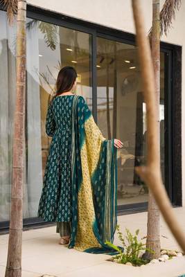 Teal digital printed muslin anarkali palazzo set with dupatta 3