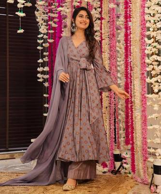 Purple digital printed muslin anarkali palazzo set with dupatta 2