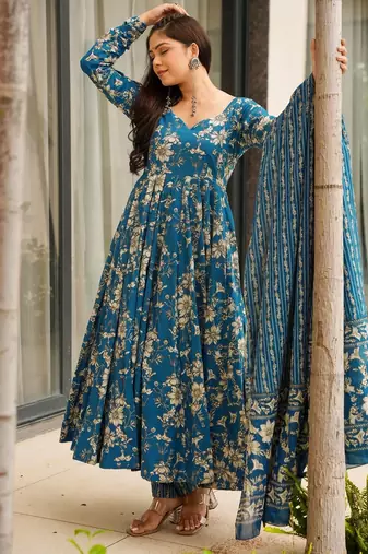 Teal blue digital printed muslin anarkali gown set with dupatta