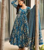 Teal blue digital printed muslin anarkali gown set with dupatta