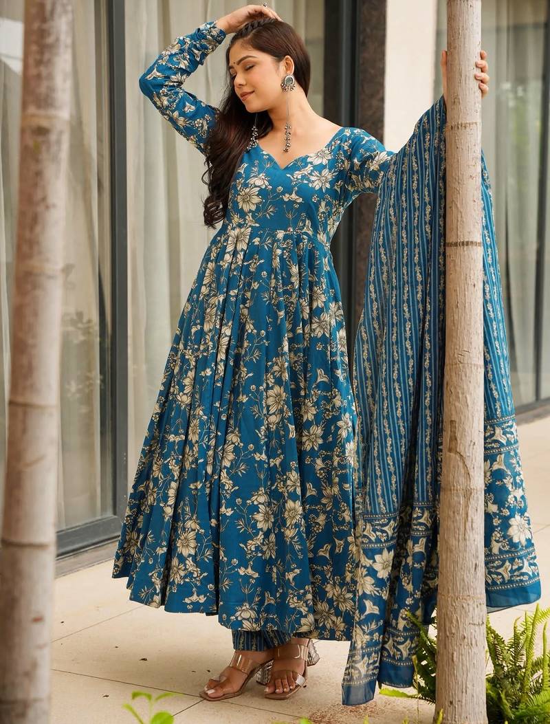 Teal blue digital printed muslin anarkali gown set with dupatta