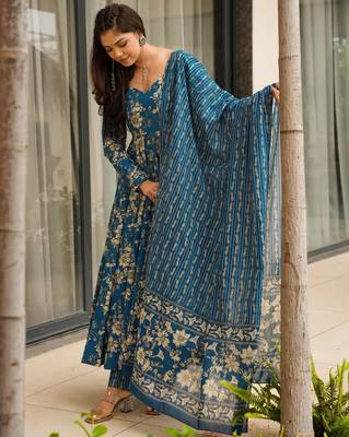 Teal blue digital printed muslin anarkali gown set with dupatta 2