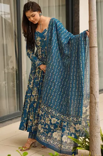 Teal blue digital printed muslin anarkali gown set with dupatta