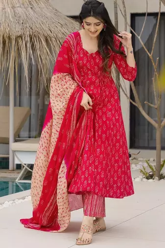 Coral digital printed muslin anarkali gown set with dupatta