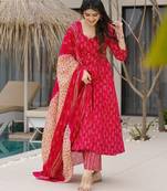 Coral digital printed muslin anarkali gown set with dupatta