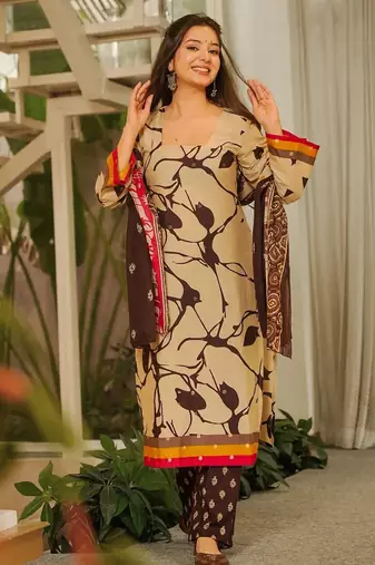 Beige digital printed cambric cotton straight kurta set with dupatta