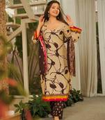 Beige digital printed cambric cotton straight kurta set with dupatta