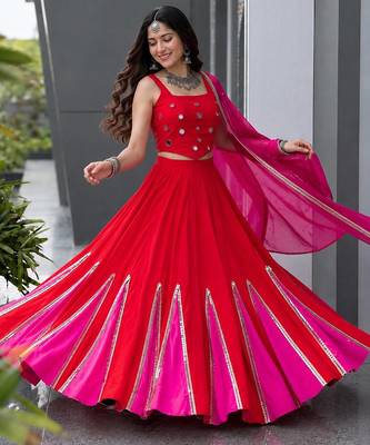 Red Mirror Navratri Lehenga Choli With Dupatta 1