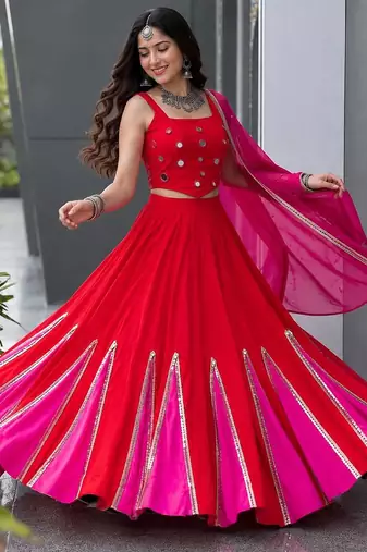 Red Mirror Navratri Lehenga Choli With Dupatta