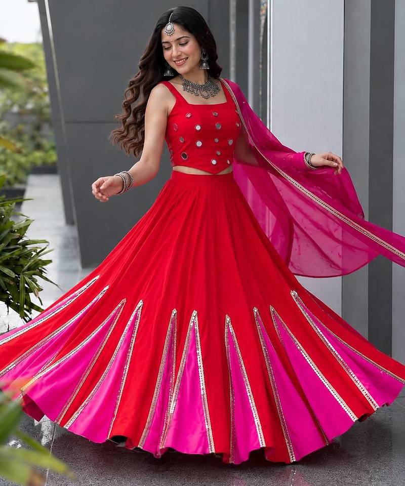 Red Mirror Navratri Lehenga Choli With Dupatta