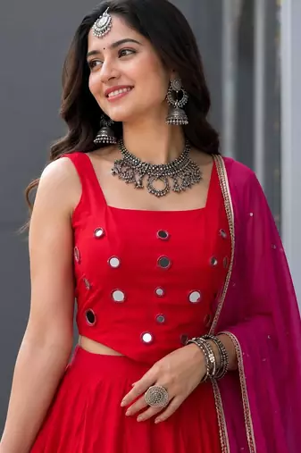 Red Mirror Navratri Lehenga Choli With Dupatta