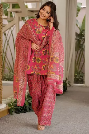 Pink digital printed cambric cotton straight kurta set with dupatta