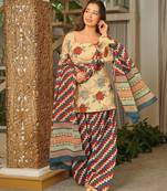 Cream digital printed cambric cotton straight kurta set with dupatta