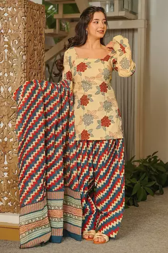 Cream digital printed cambric cotton straight kurta set with dupatta
