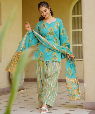 Turquoise digital printed cambric cotton straight kurta set with dupatta 1