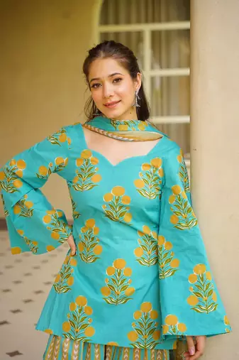 Turquoise digital printed cambric cotton straight kurta set with dupatta