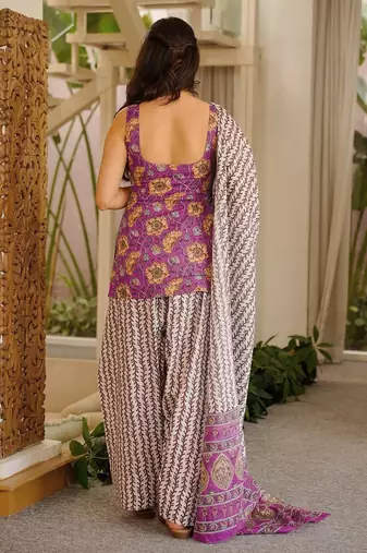 Purple digital printed cambric cotton straight kurta set with dupatta
