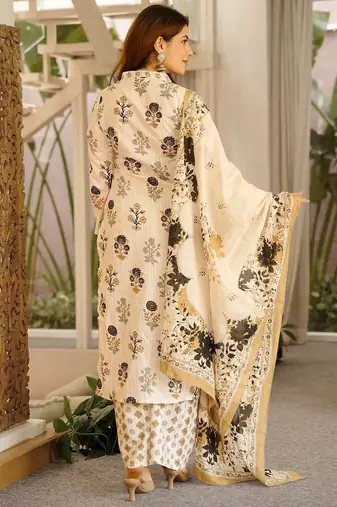 Off white digital printed cambric cotton straight kurta set with dupatta