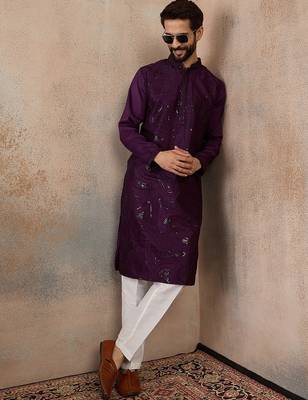 purple printed silk blend kurta for men 5