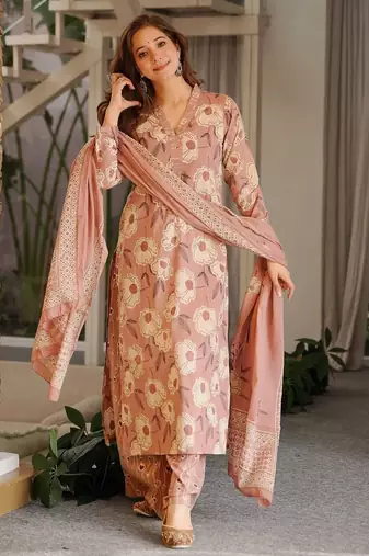 Peach digital printed cambric cotton straight kurta set with dupatta