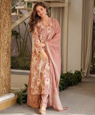 Peach digital printed cambric cotton straight kurta set with dupatta 2