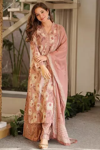 Peach digital printed cambric cotton straight kurta set with dupatta